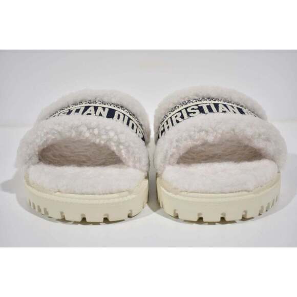 Christian Dior Dway Blue White Shearling Fur Logo Chunky Slide Flat Sandal 40 - Picture 5 of 12